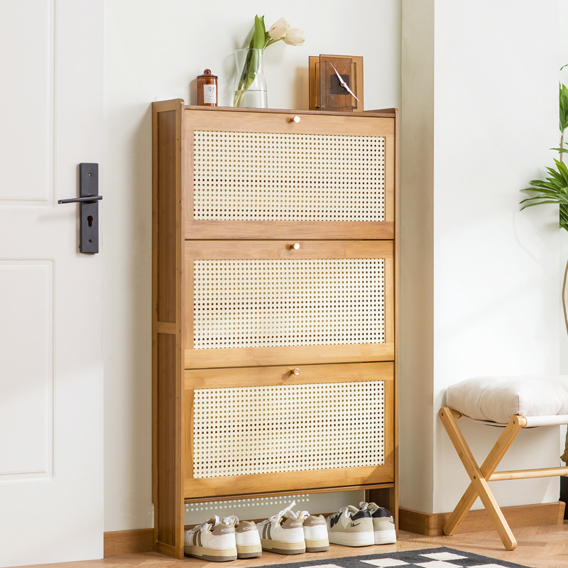 Room Divider Bamboo - 家庭用木製靴箱、籐製通気性靴箱、狭い靴箱、フリップバケットシューラック、収納キャビネット