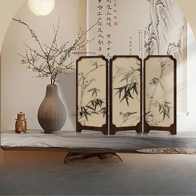 Room Divider Bamboo - 新しい中国水墨竹ミニ卓上折りたたみスクリーンレトロ木製デスクトップ装飾品ホームオフィスキャビネット装飾工芸品飾り