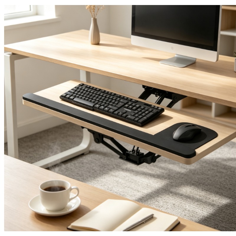 Keyboard Drawer Under - デスク下スライド式キーボードトレイ、マウスパッド付き、人間工学に基づいた高さ調整＆回転可能、頑丈なスタンド、ホームオフィス用