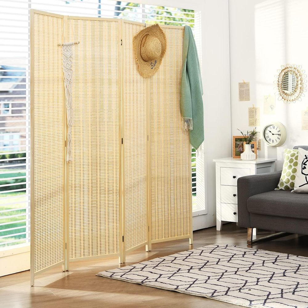 Room Divider Bamboo - 竹製ルームディバイダー、高さ6フィートの自立式折りたたみ式プライバシースクリーン、木製ルームセパレーター壁、ポータブルパーティションボヘミアン4パネルロ