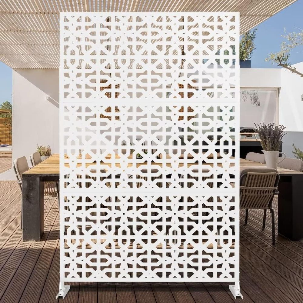 Room Divider Bamboo - 屋外用プライバシースクリーン、自立型プライバシースクリーン＆スタンド付きパネル、バルコニー装飾用、金属製パティオディバイダー（ホワイト3）