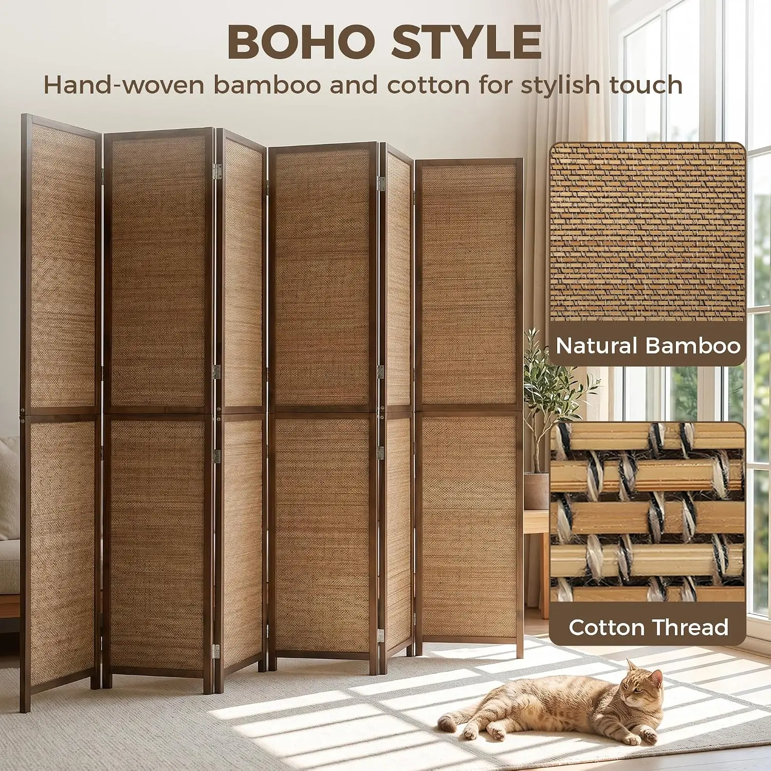 6フィートの間仕切り、6枚パネル手編み竹製プライバシースクリ - Room Divider Bamboo のレビューと価格