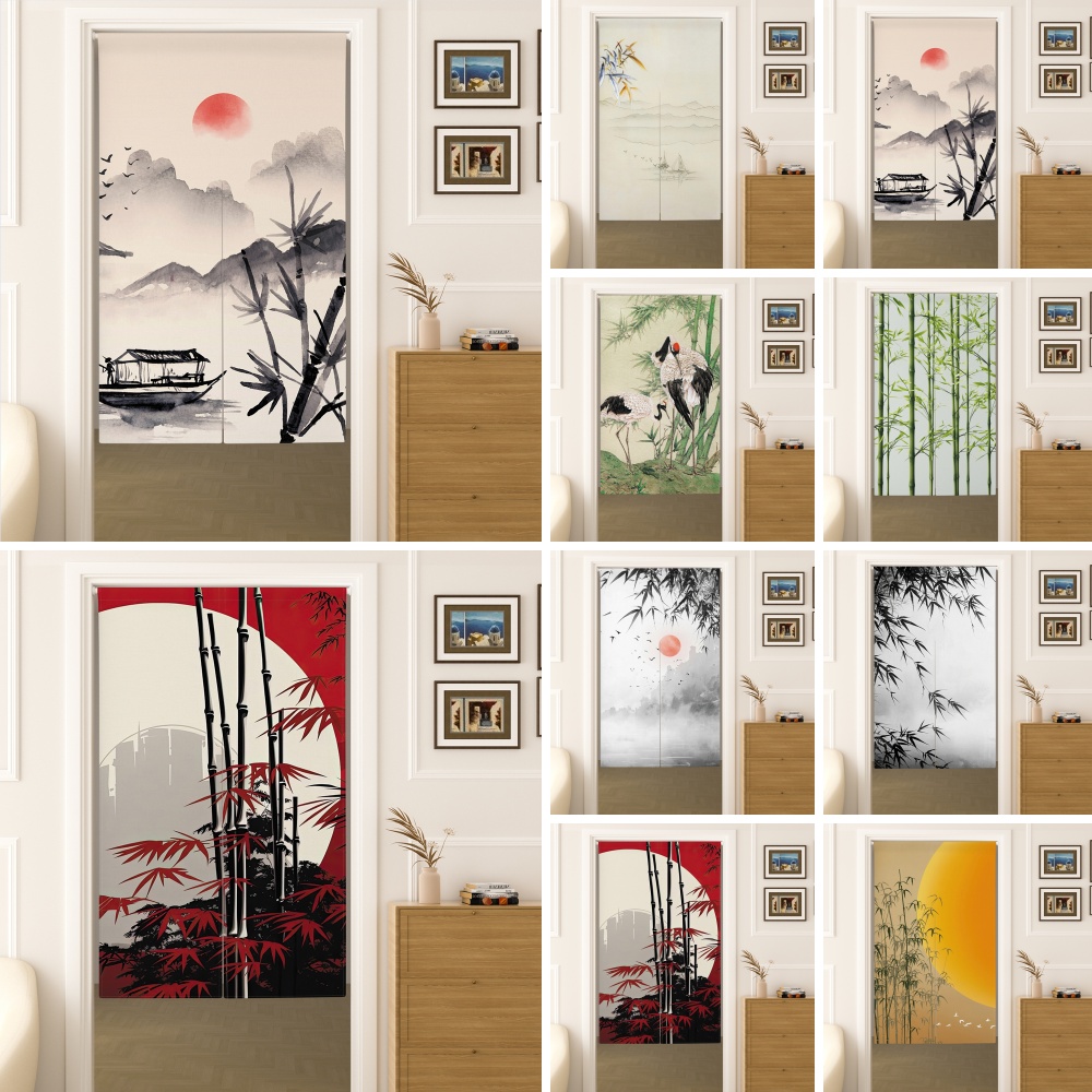 水墨画のれんカーテン竹林山の日の出デザイン禅茶室装飾禅スタイ - Room Divider Bamboo のレビューと価格